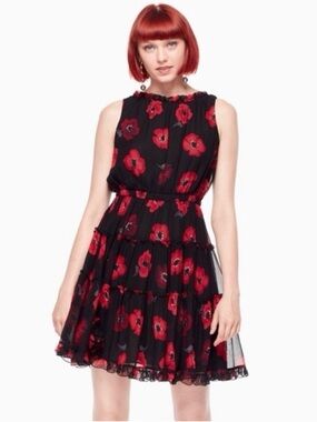Kate Spade Black and Red Poppy Chiffon fit and flare mini dress